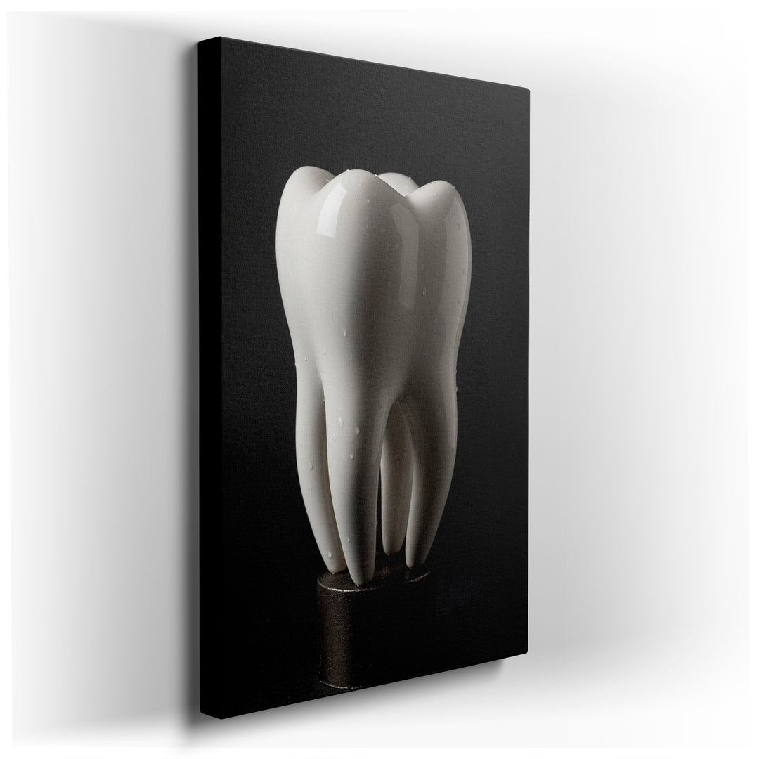 Detailed view of a dental anatomy model, rendered in white with water droplets, presented as captivating wall art.