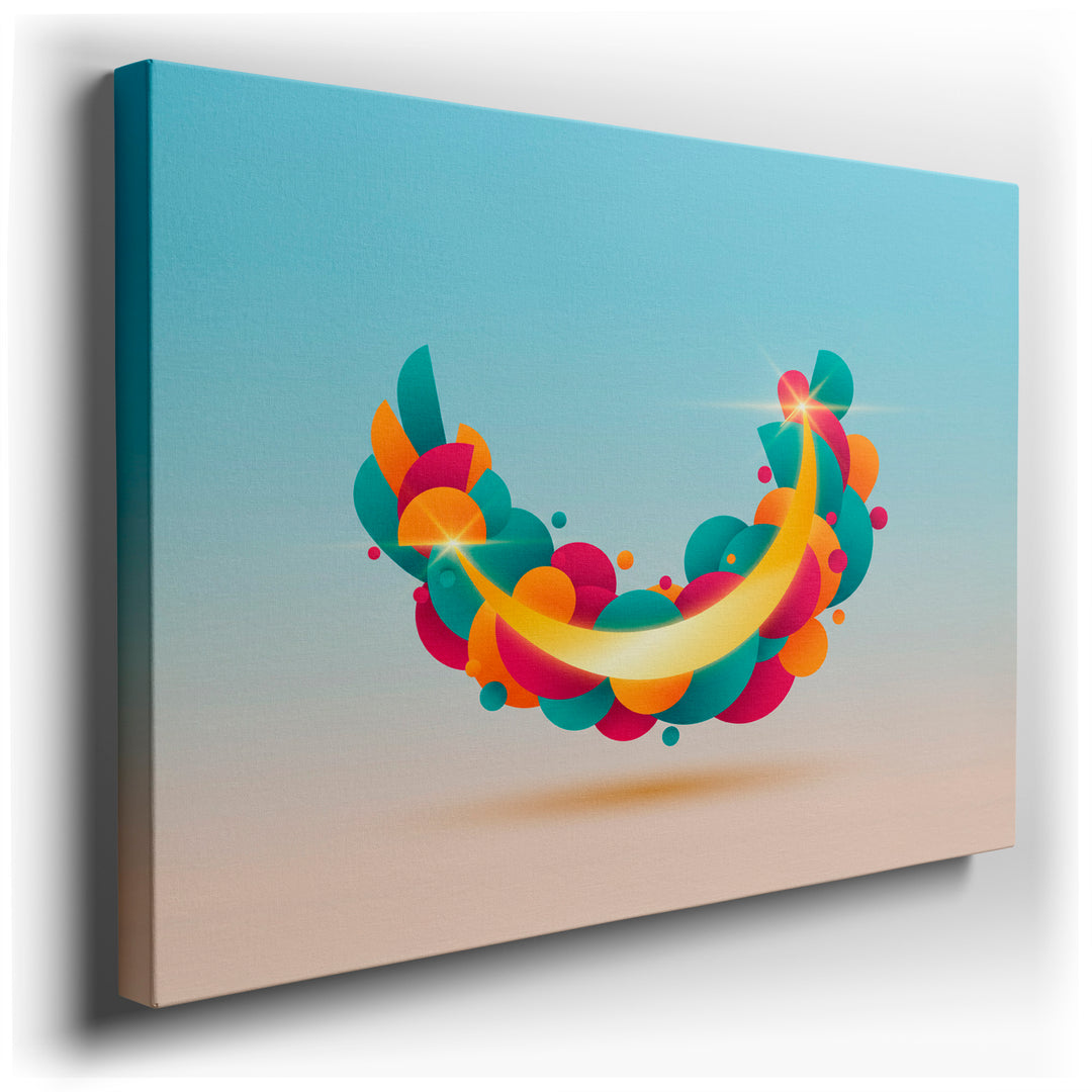 Abstract crescent moon wall art with geometric circles in teal, orange, magenta and a glowing yellow crescent shape against a gradient sky.