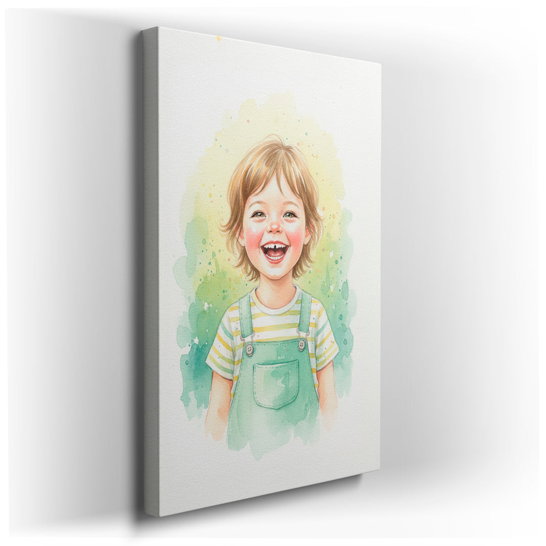 Watercolor painting of a smiling child in overalls, capturing a moment of pure joy as delightful wall art.