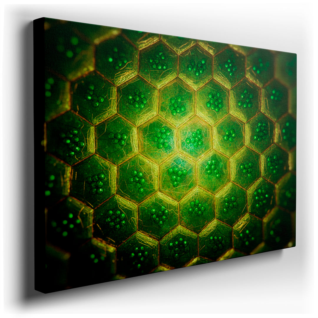 Green geometric wall art showcasing a detailed, abstract cell structure pattern, ideal for modern wall decor.