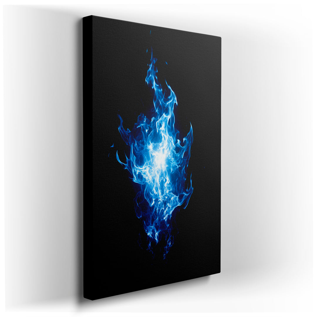 Striking blue flame abstract wall art against a black background, creating a modern and dynamic visual display.