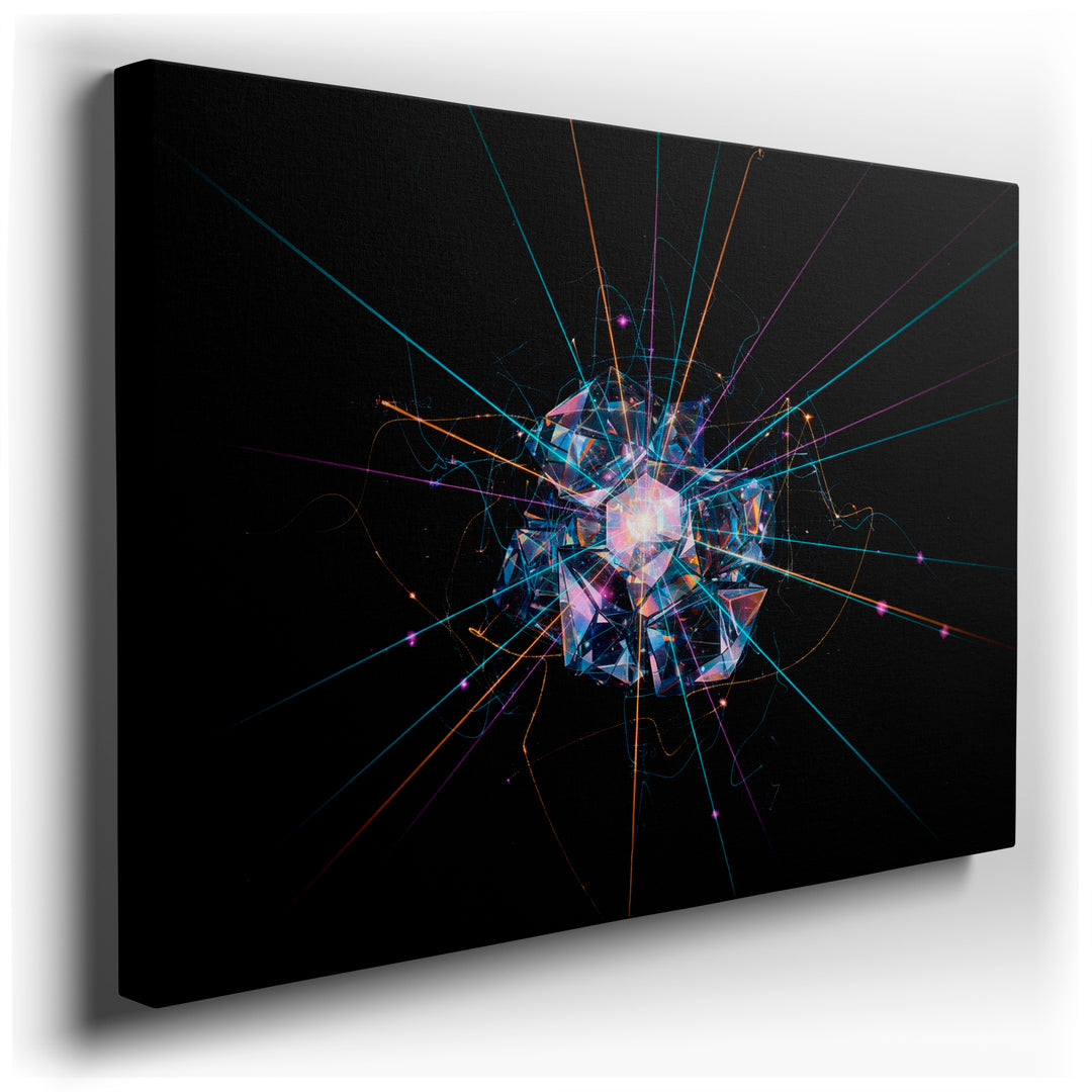 Abstract geometric wall art featuring a light explosion of shapes and colors on a dark background.