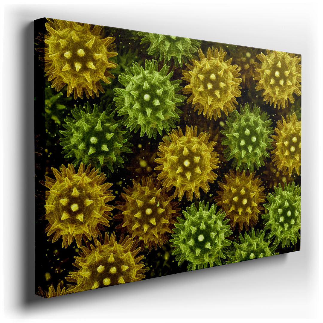 Detailed microscopic image of a floral pattern in green and yellow hues, presented as botanical wall art.