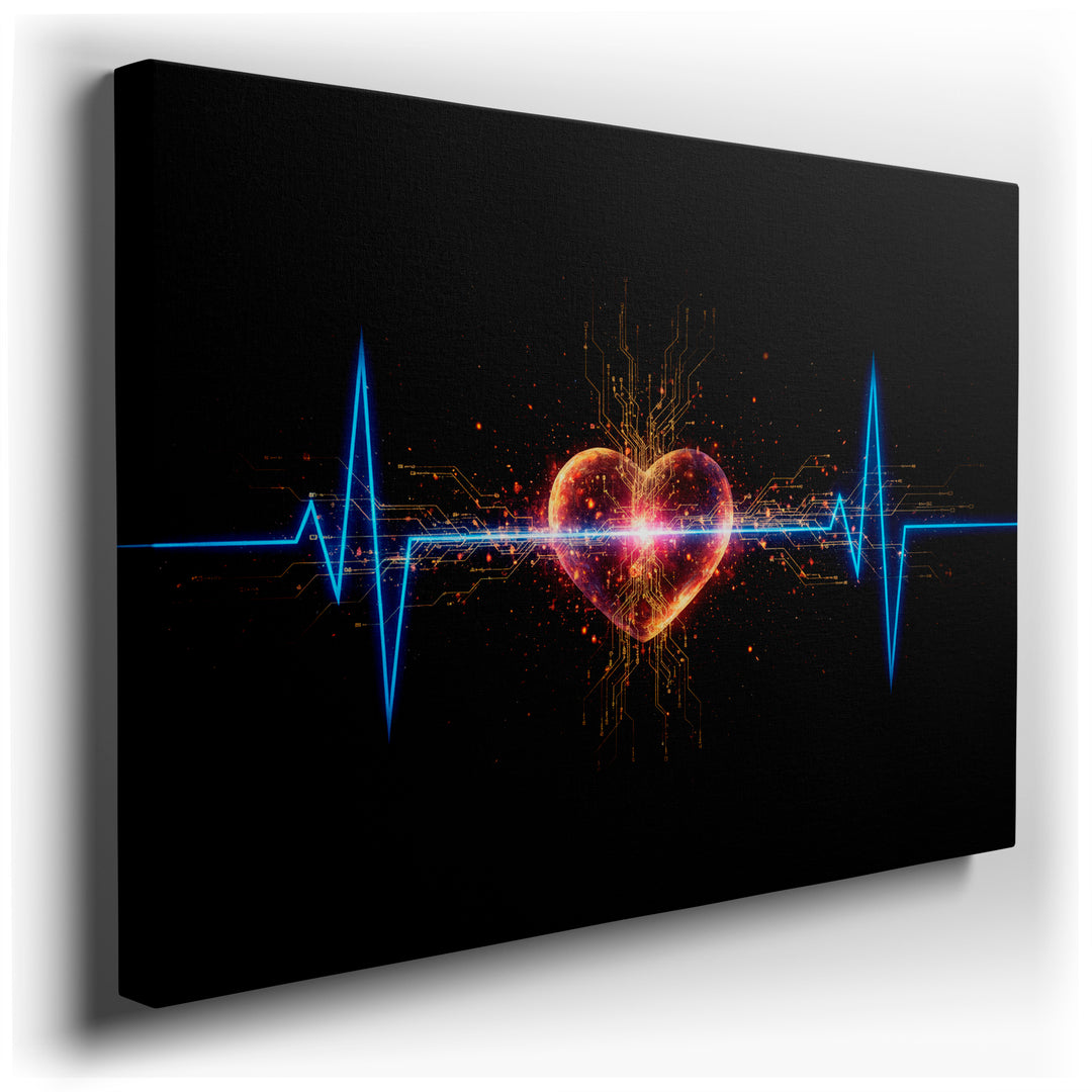 A digital heart with glowing circuit patterns and an ECG readout, a modern canvas wall art and decor piece.
