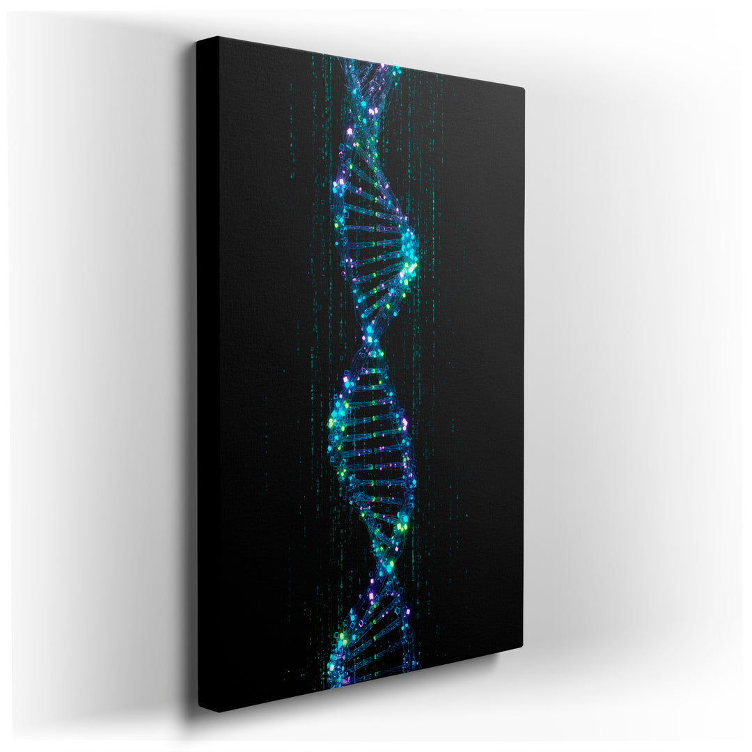 A digital DNA helix wall art featuring a glowing strand against a dark matrix background, enhancing modern wall decor.