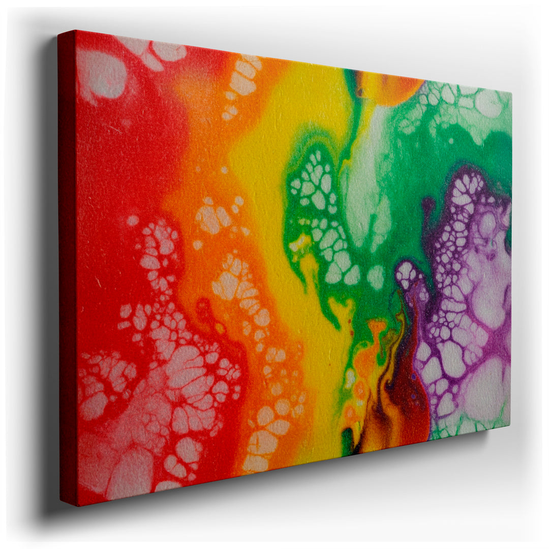 Vibrant abstract wall art featuring swirling red, orange, yellow, green, and purple hues with unique cell-like patterns.