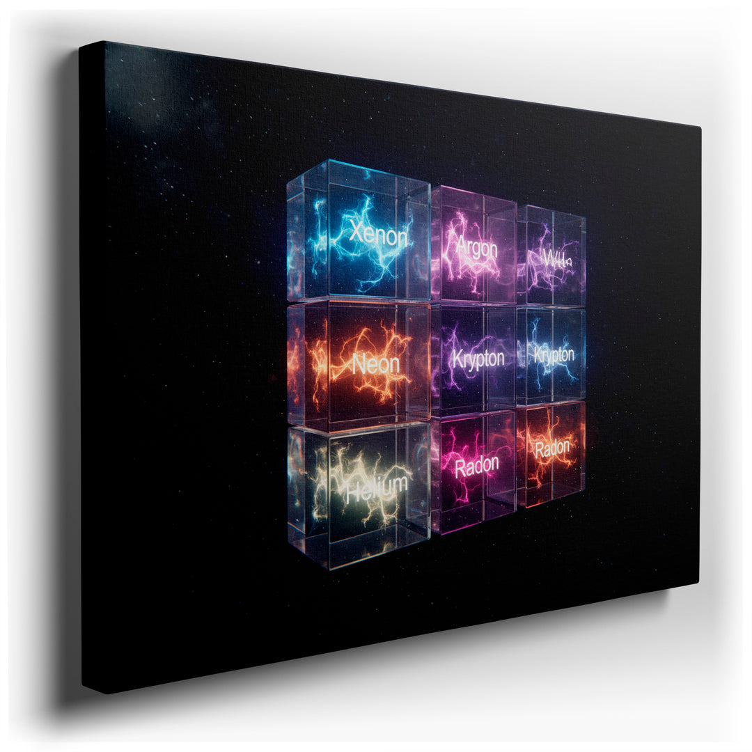 Noble Gases in Cubes wall art shows luminous cubes, each displaying a noble gas: Xenon, Argon, Neon, Krypton, Helium, and Radon.