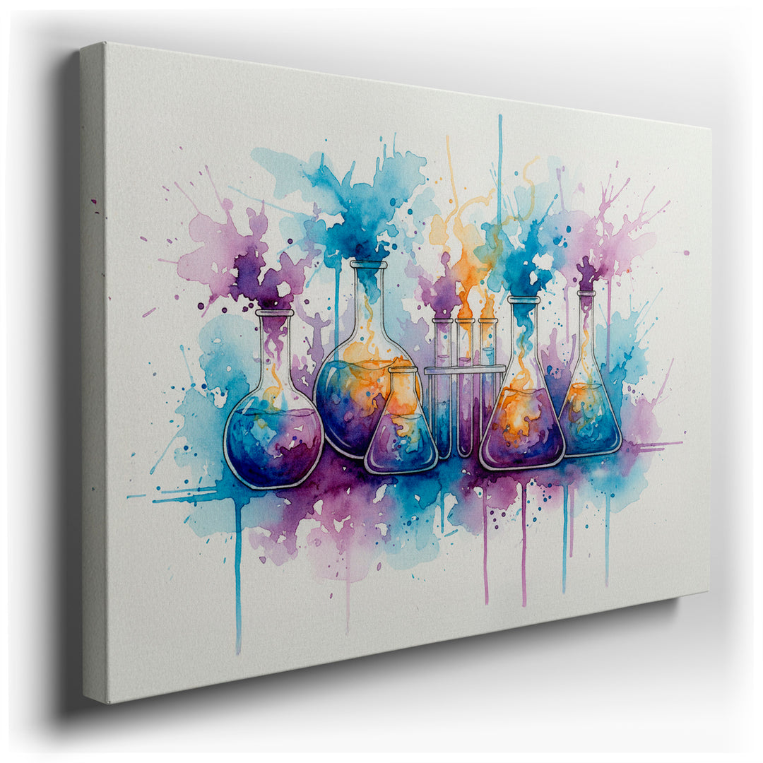 Watercolor chemistry beakers in blue, orange, and purple, creating an elegant and scientific wall art piece.