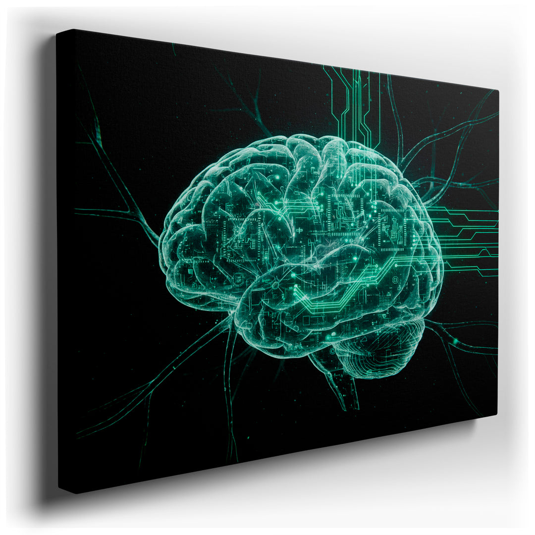 Digital artwork of a glowing brain with circuit patterns, symbolizing AI, displayed as modern wall art.