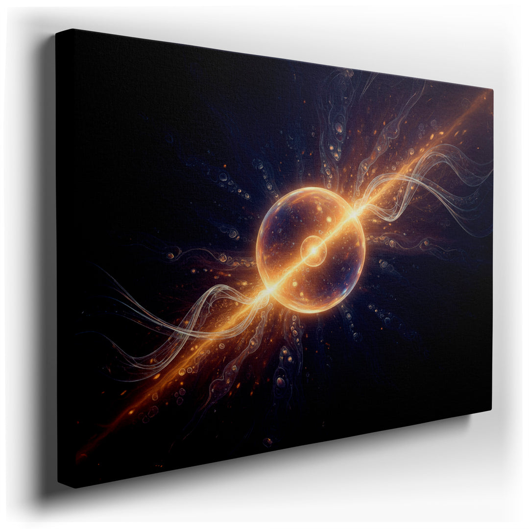 Abstract wall art: a glowing energy core with plasma streams, creates a captivating focal point for modern home decor.