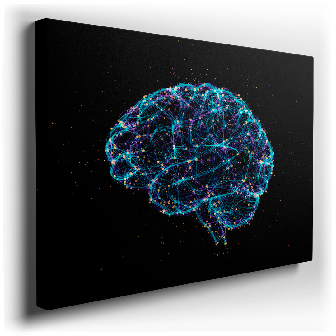 Abstract digital wall art depicting a glowing network brain with interconnected nodes, set against a dark background.