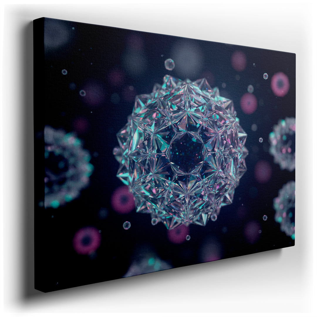 Abstract wall art featuring geometric crystal spheres with iridescent reflections and diffused pink highlights, offering a modern wall decor.
