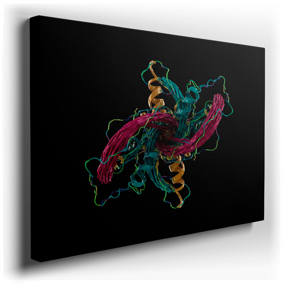 Abstract digital wall art featuring a swirling design in teal, magenta, and gold against a black backdrop, creating a modern aesthetic.