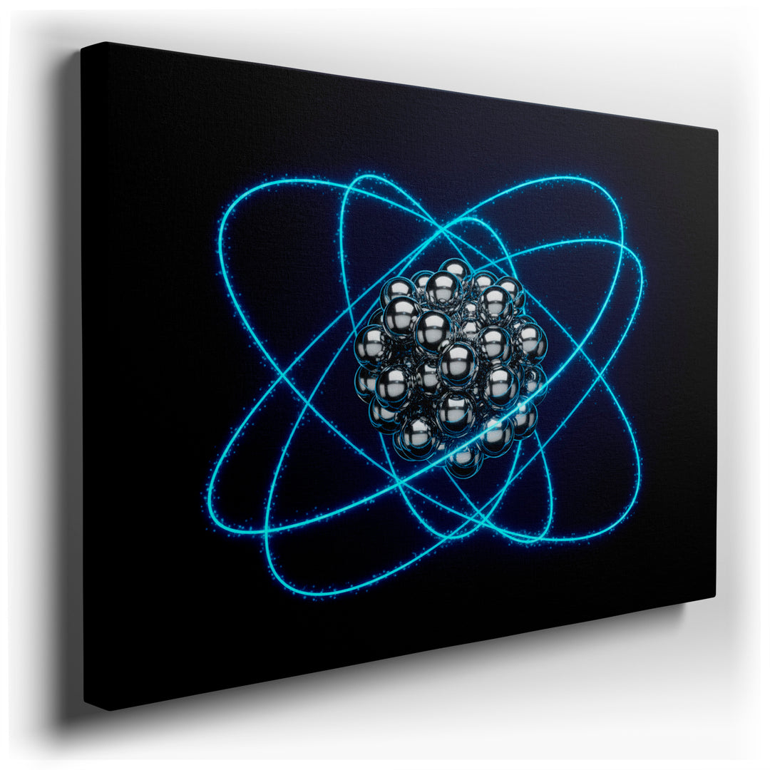 Abstract atom wall art featuring metallic spheres encircled by blue energy trails on a dark background.