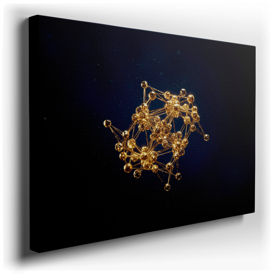 A golden abstract molecular structure creates an elegant focal point as striking wall art for a modern home's wall decor.