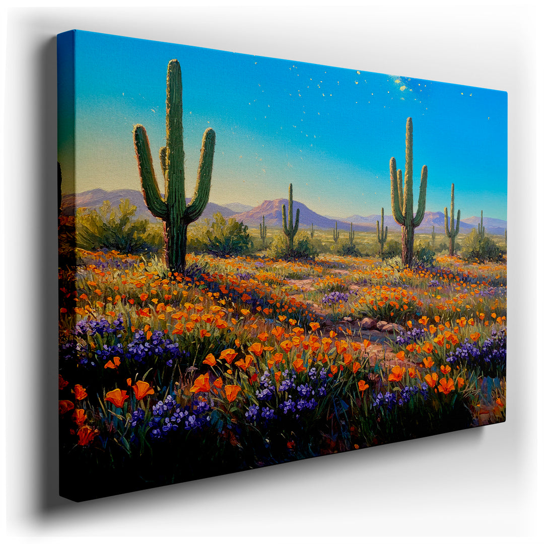 A vibrant canvas wall art print of a desert landscape with saguaro cacti and colorful wildflowers in full bloom.