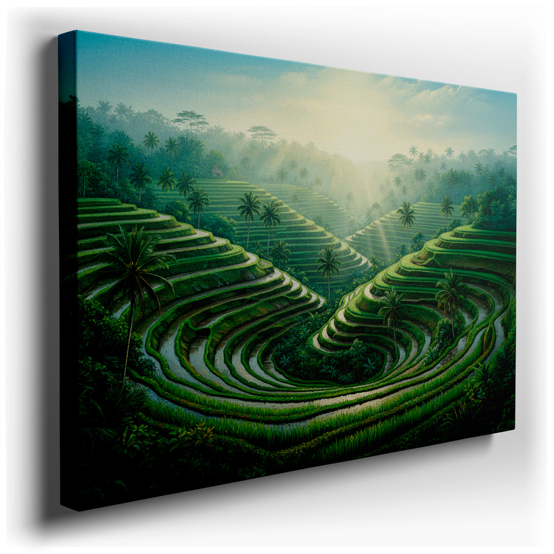 Scenic wall art of lush green rice terraces cascading down hillsides under a bright, sunlit sky. Serene and calming wall decor.