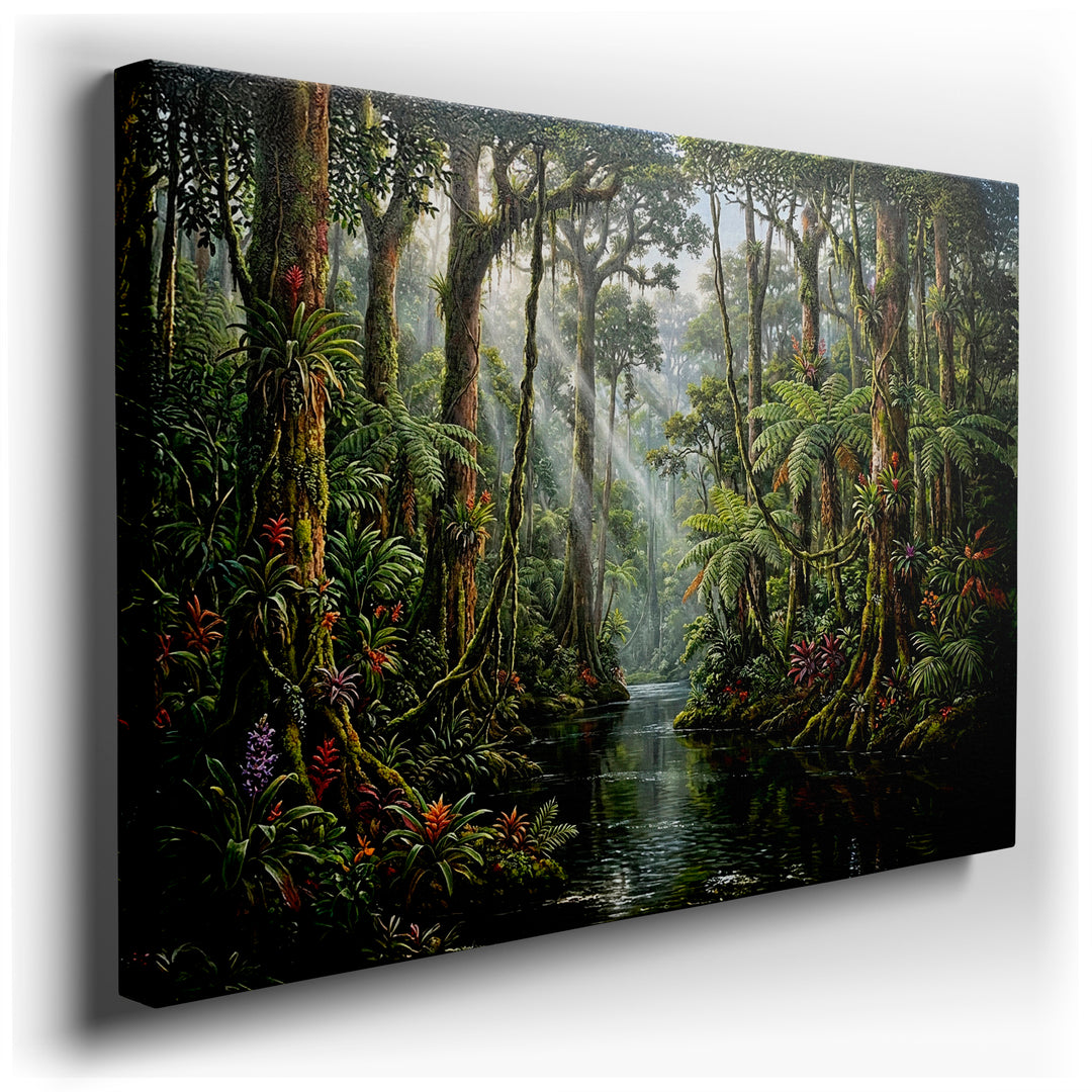 Lush jungle river wall art showing a calm river flowing amidst vibrant greenery and tall trees, capturing nature's tranquility.