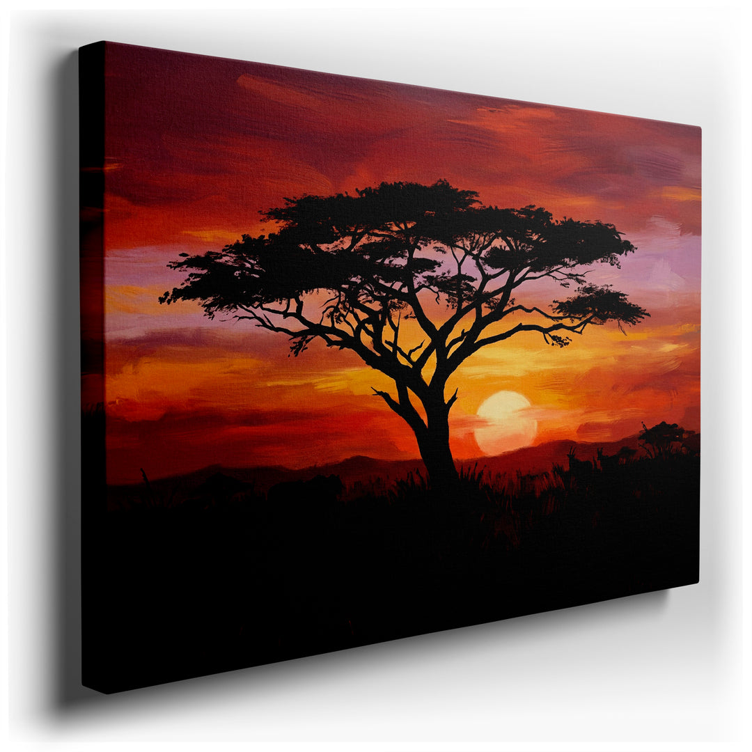 Silhouette of a tree and African wildlife set against a vibrant sunset. An eye-catching piece of wall art.