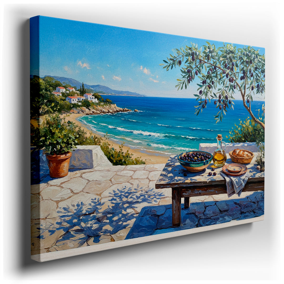 A vibrant canvas wall art displaying a Mediterranean still life with olives, bread, and a coastal beach scene.