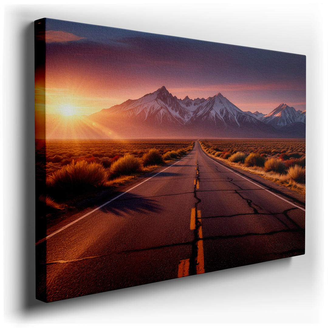 A captivating landscape of a road leading to snow-capped mountains under a warm sunset. Beautiful wall art.