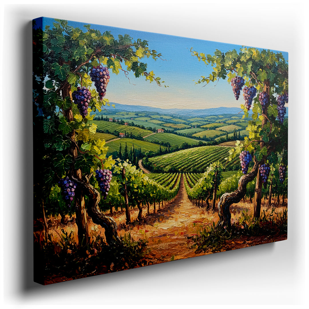 Painting of a sun-drenched Tuscan vineyard showcasing rows of grapevines and rolling hills, ideal wall art for home decor.