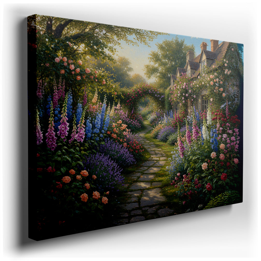 Charming cottage garden wall art displays a stone path amidst colorful blooms leading to a quaint, flower-covered cottage.