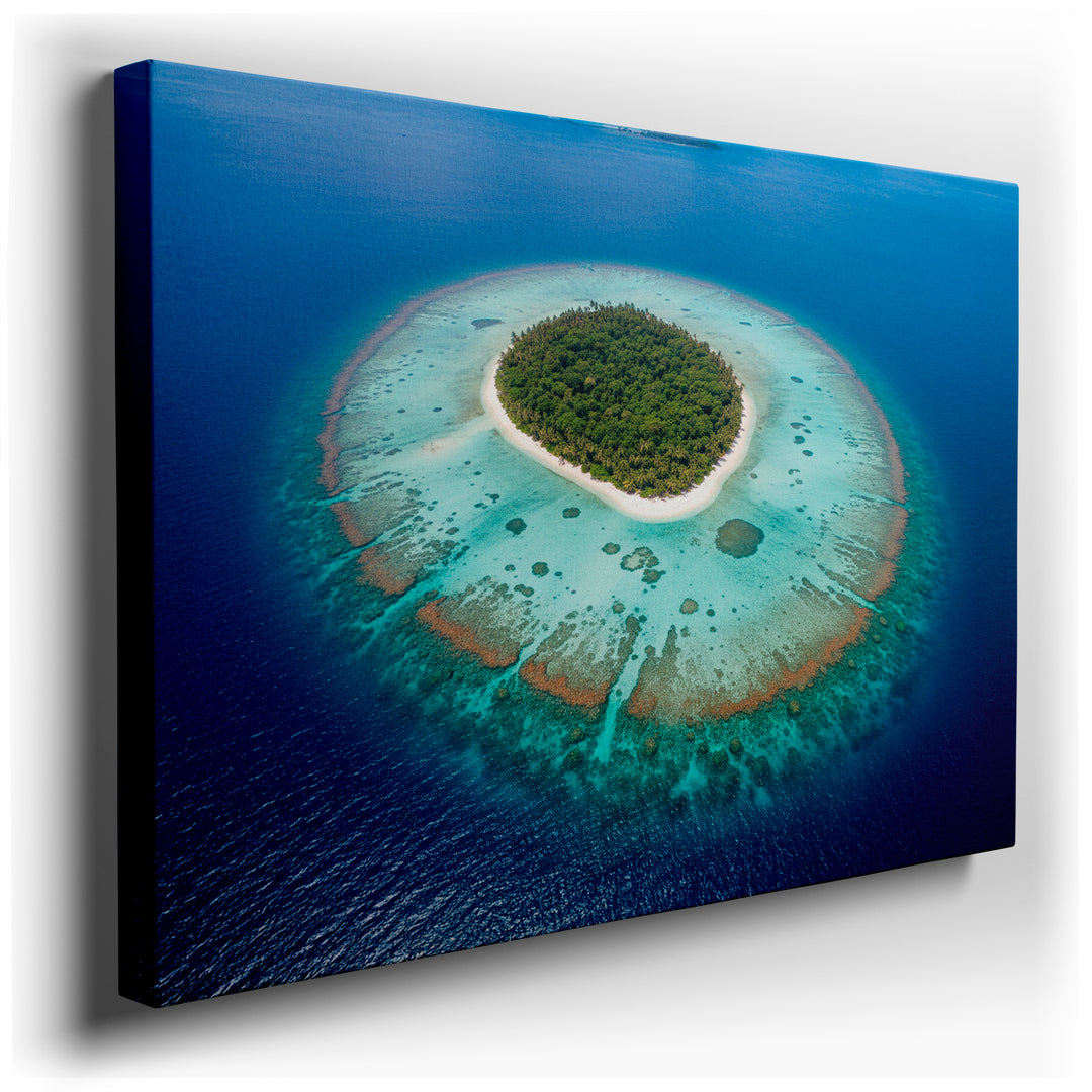 Aerial view of a lush tropical island surrounded by turquoise waters, showcasing vibrant coral reefs; stunning wall art.