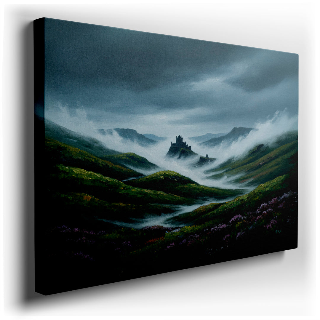 A misty valley landscape painting showcasing a castle in the distance with a cloudy, serene atmosphere as inspiring wall art.