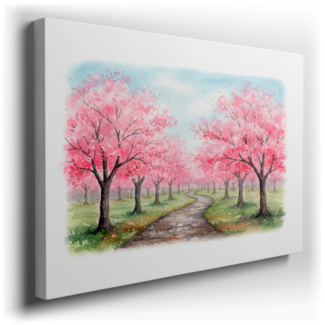 Watercolor wall art of a path lined with cherry blossom trees, spring scene, perfect wall decor for home.