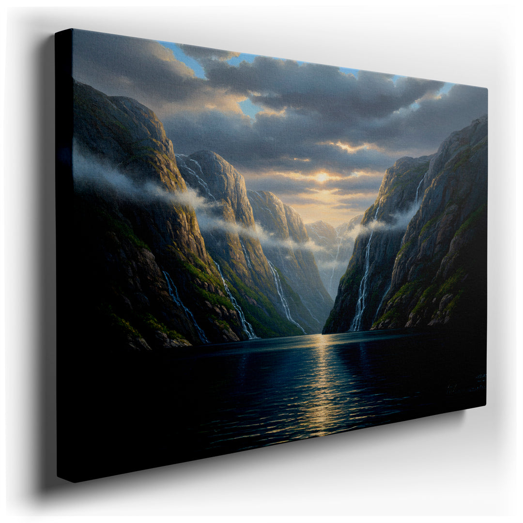 Dramatic fjord landscape wall art featuring towering cliffs, waterfalls, and reflective water under a cloudy sky.