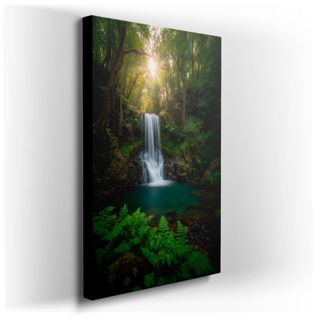 A serene forest waterfall canvas wall art print with sunlight filtering through the trees creating a tranquil atmosphere.