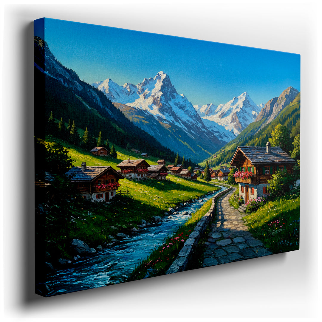 Scenic wall art of an alpine village nestled in a mountain valley with snow-capped peaks and quaint houses.
