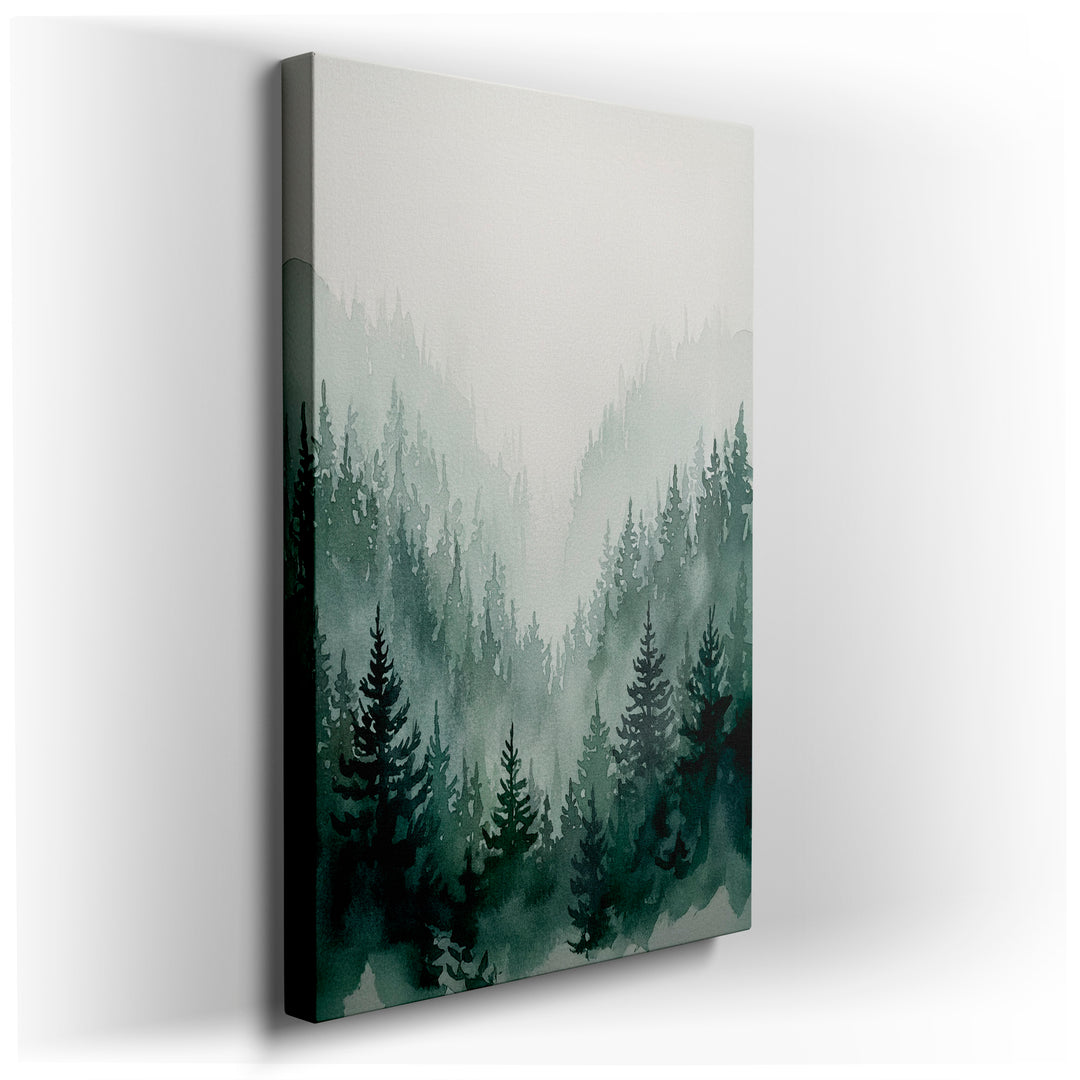 Watercolor wall art shows a misty evergreen forest, evoking a serene and tranquil natural landscape.