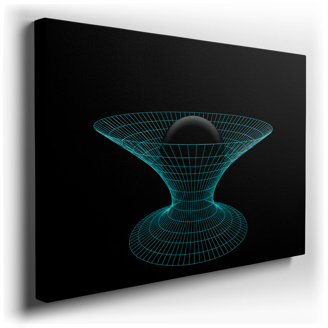 Abstract geometric wall art featuring a black sphere inside a blue wireframe structure against a dark background.
