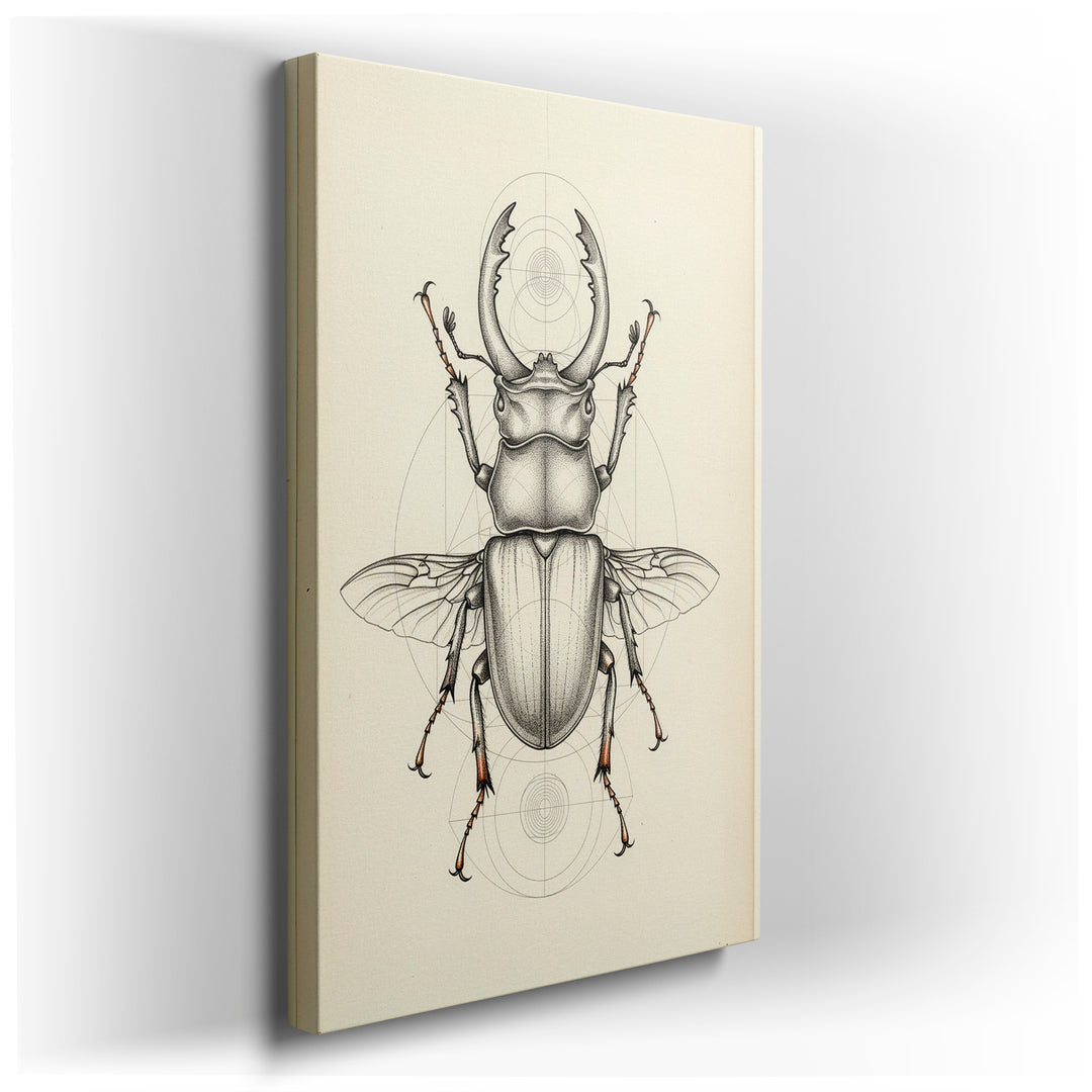 Detailed line drawing of a stag beetle overlaid with geometric patterns, serving as modern wall art.