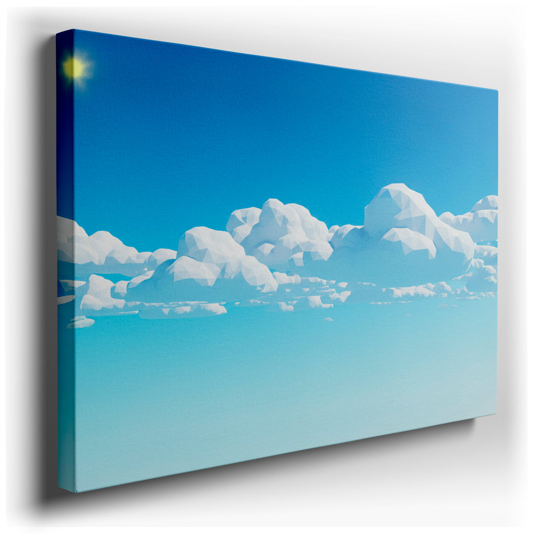 Low poly clouds and a sun in a clear blue sky create a serene canvas wall art piece, ideal for minimalist home decor.