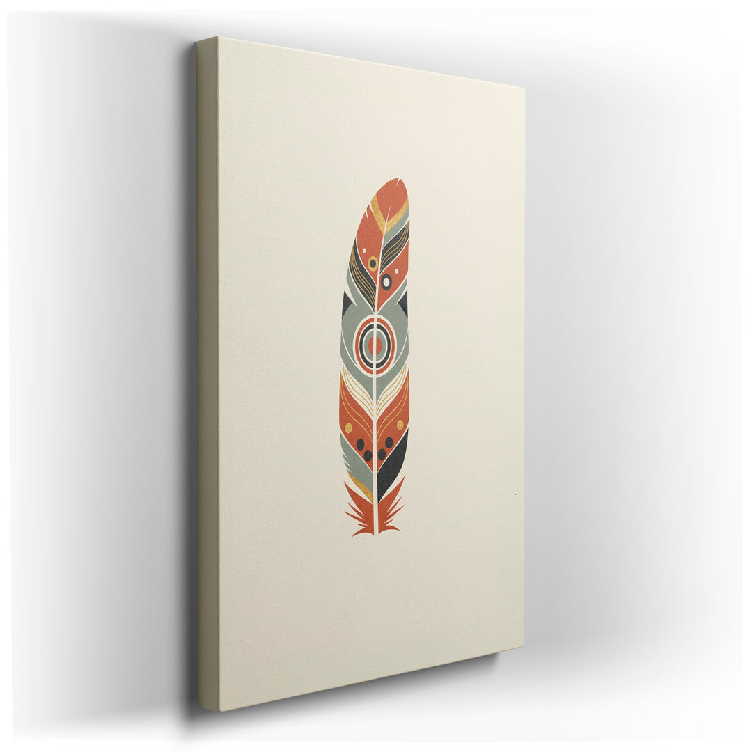 Geometric feather wall art featuring earthy tones and Native American-inspired patterns on a neutral backdrop, perfect wall decor.