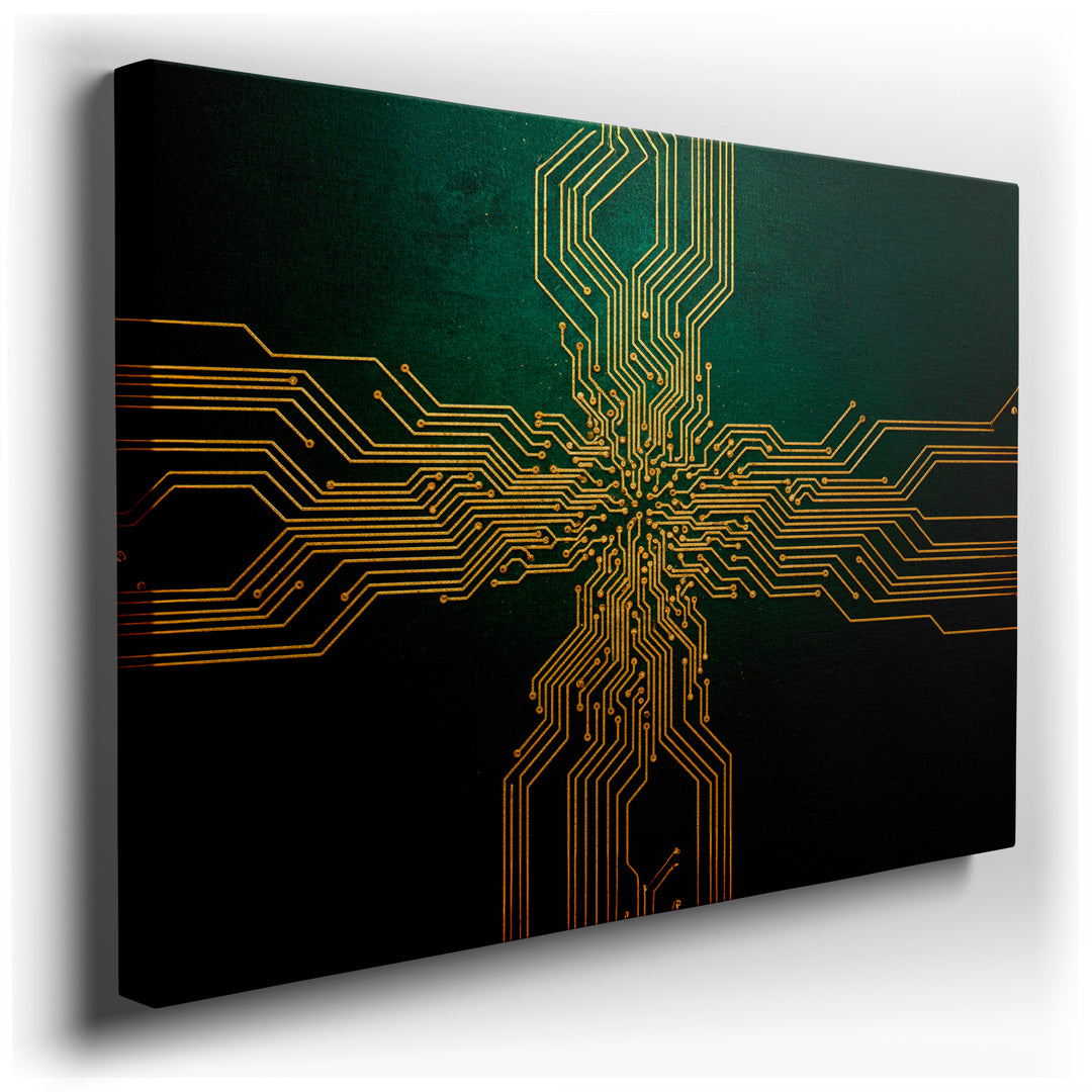 Abstract golden circuit board wall art on a deep green background, resembling modern technology.