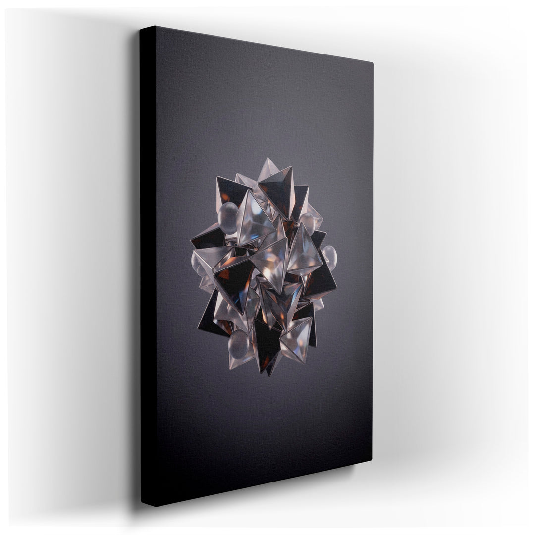 Abstract wall art featuring a cluster of metallic triangles and spheres creating a modern geometric design.