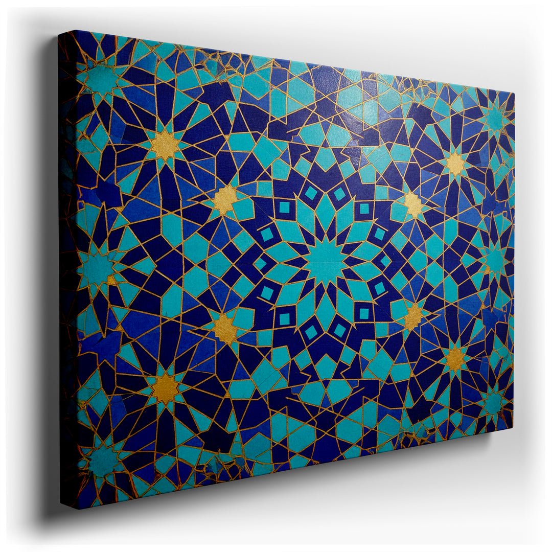 Detailed geometric star mosaic wall art, showcasing an intricate pattern in blue, turquoise, and gold tones, a beautiful wall decor piece.