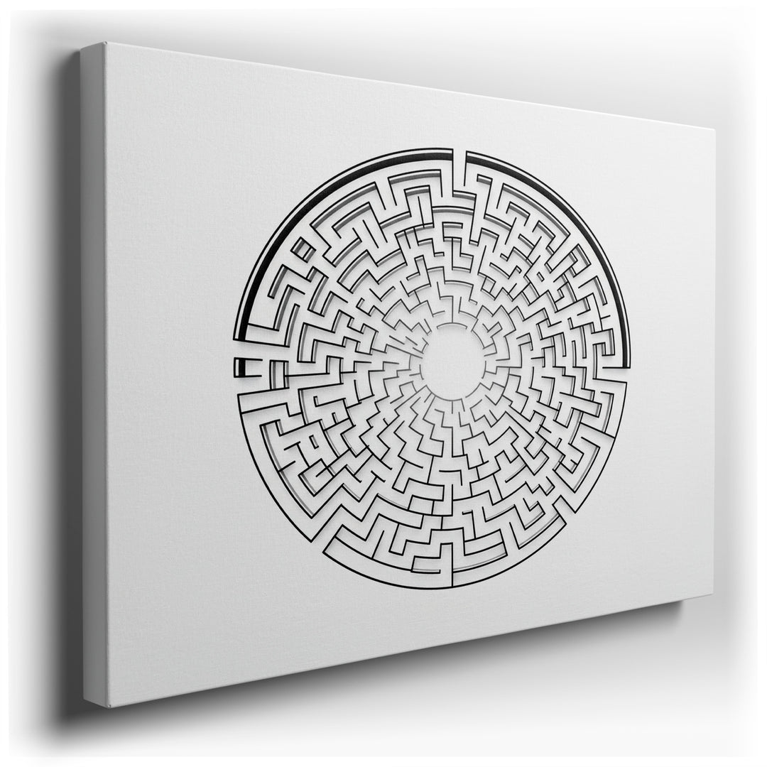 Abstract circular maze design presented as modern wall art. Black lines form a complex labyrinth on a white background.