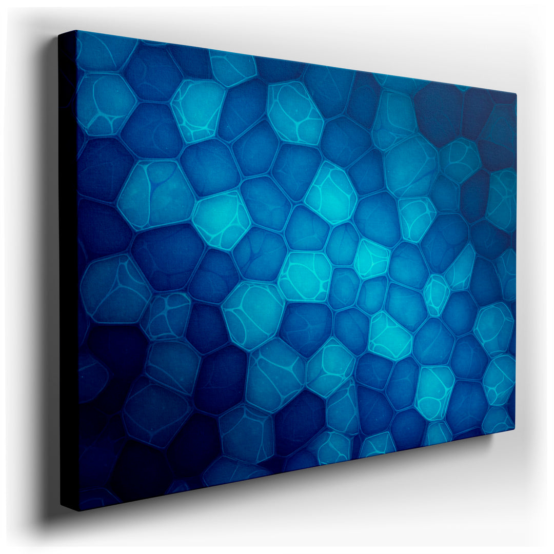 A detailed view of blue cell abstract wall art, showcasing a modern, geometric design perfect for unique wall decor.