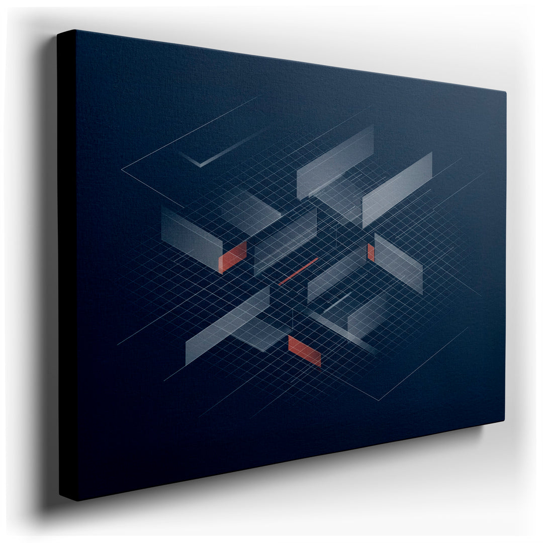 Abstract geometric wall art featuring a blue grid and layered blocks, offering a modern and sophisticated wall decor piece.