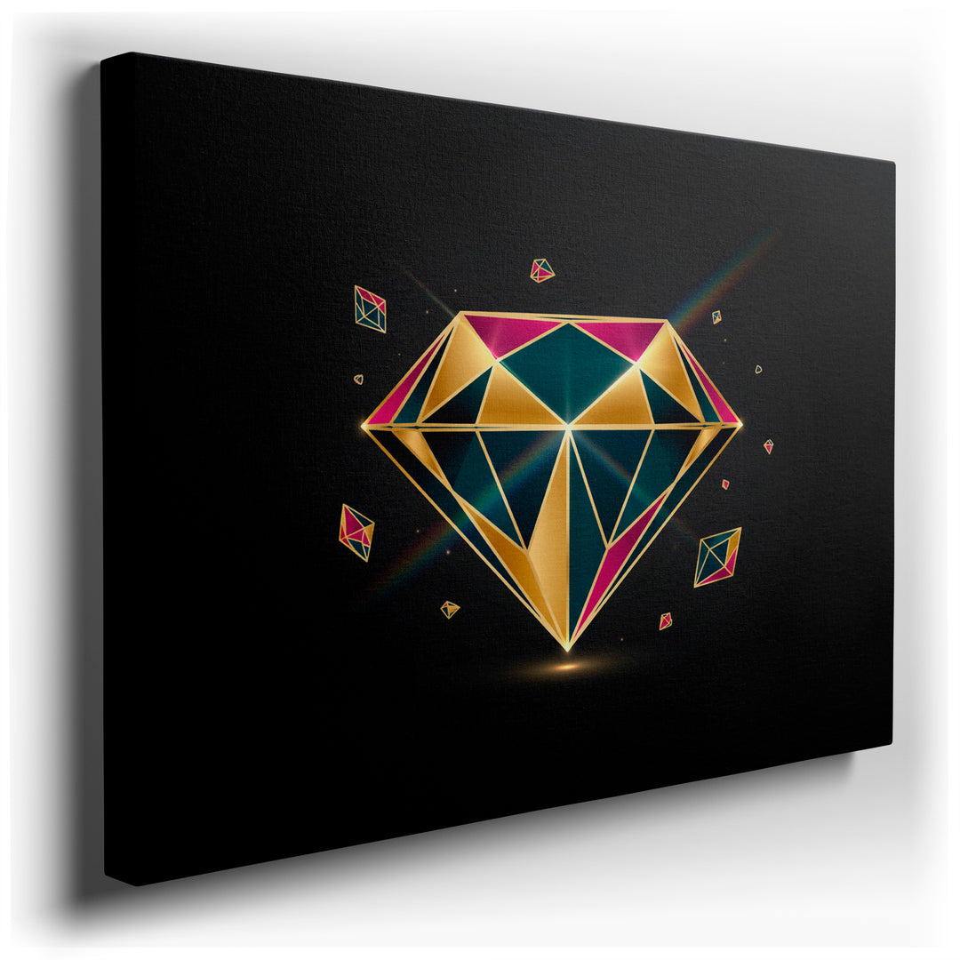 Abstract geometric wall art of a diamond shape, featuring gold, teal, and magenta on a dark background, for modern wall decor.