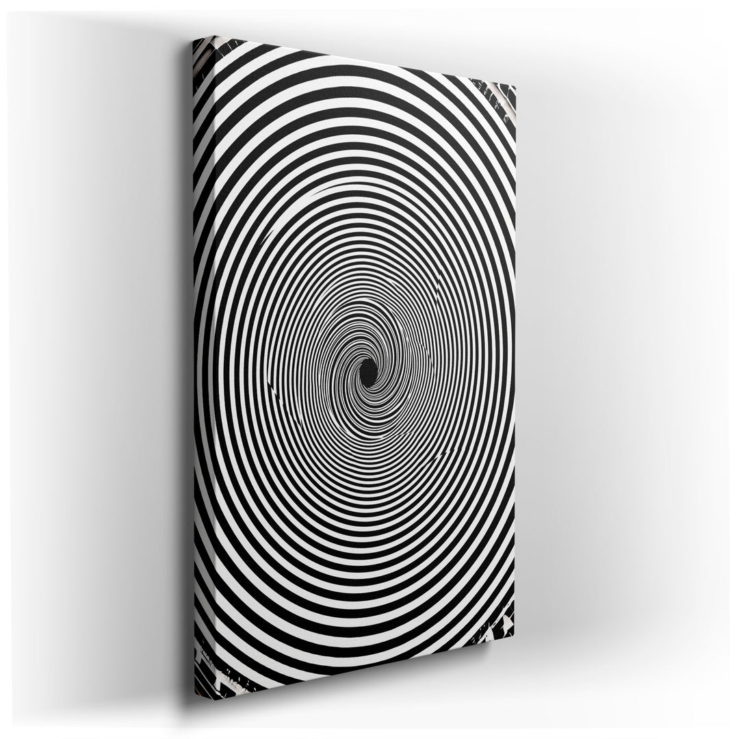 Hypnotic spiral black and white wall art, featuring a high-contrast swirling design that creates a captivating optical illusion.