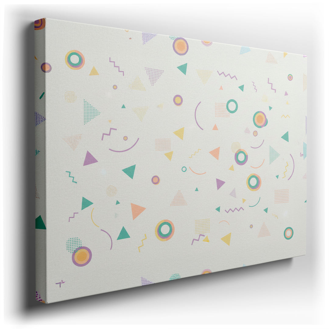 Pastel geometric wall art with triangles, circles, and squiggles on an off-white background, creating a modern, playful design.