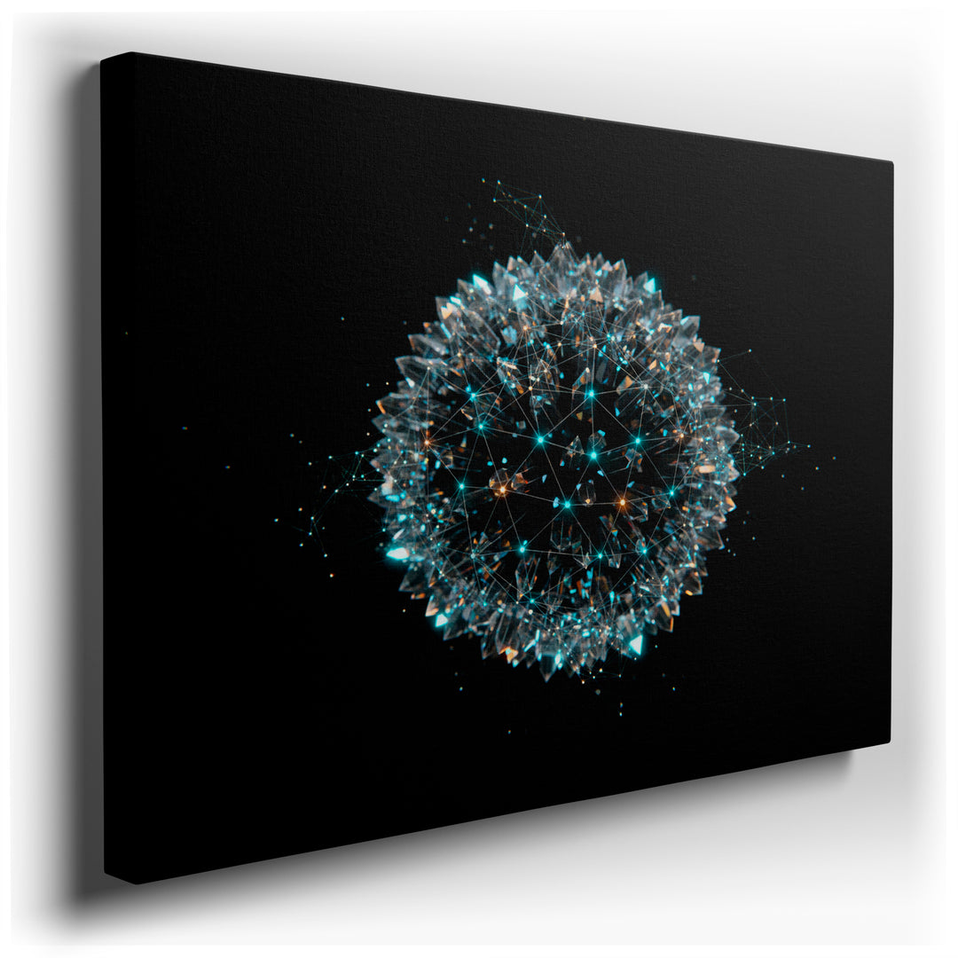 Abstract crystal sphere wall art featuring a geometric design with connected lines and illuminated points.