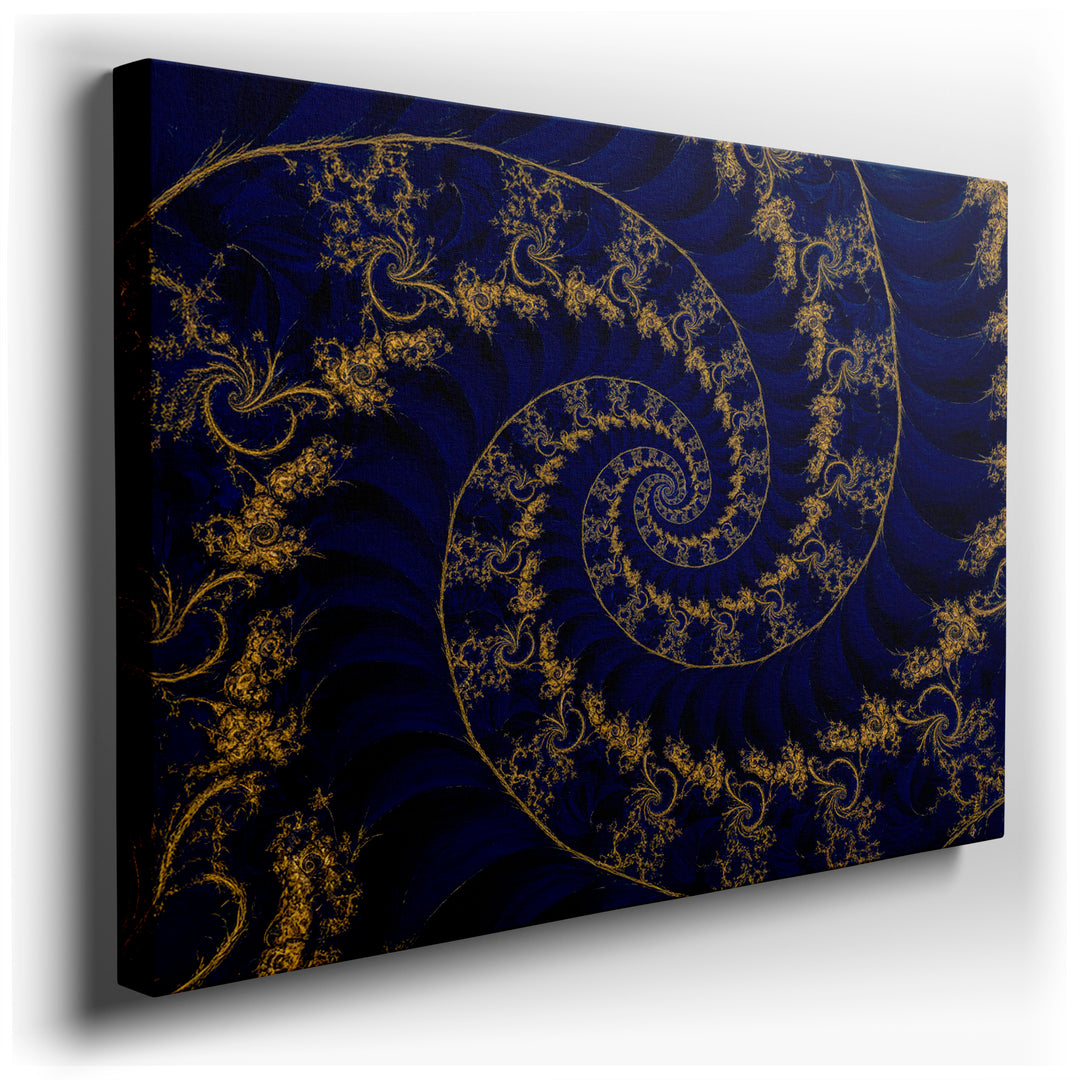 Abstract wall art: A golden fractal spiral elegantly contrasts against a deep blue backdrop, creating a captivating design.