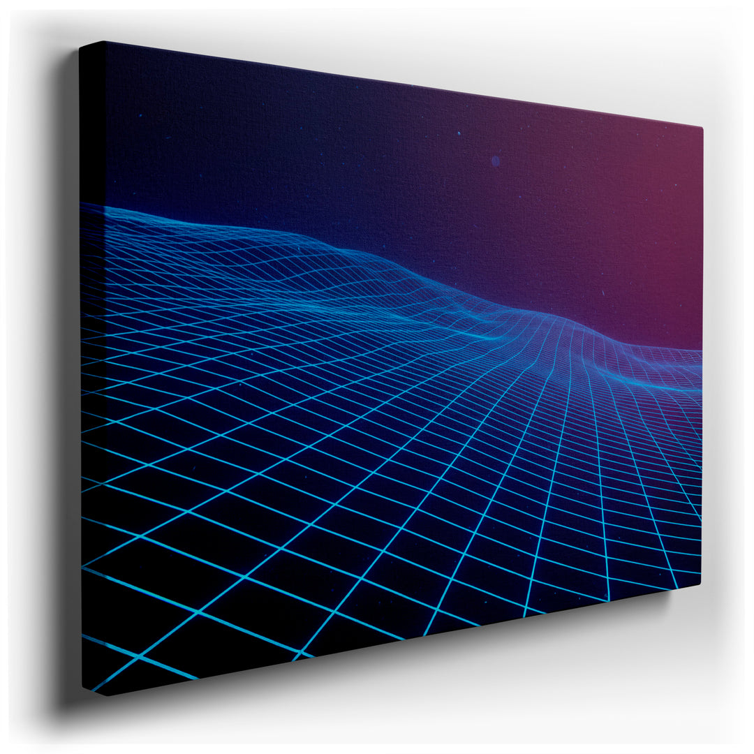A vibrant blue grid floating over a cosmic background, creating a retro wave aesthetic for unique wall art.
